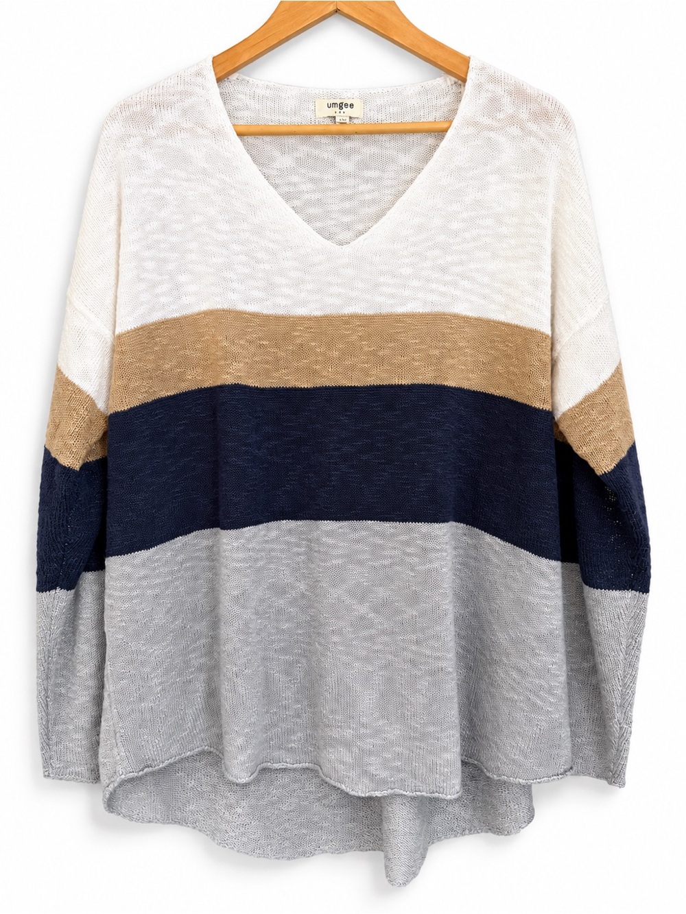 Umgee large lighweight striped v neck knit comfy long fall textured sweater Top